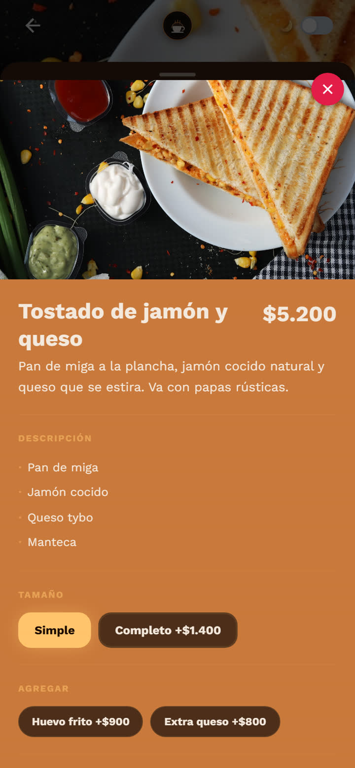 Detalle del producto con ingredientes, tamaños y agregados